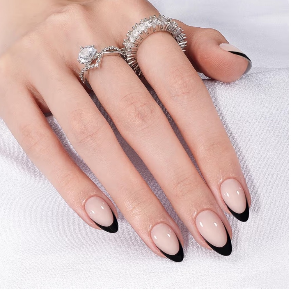 Elegant Nude Press-On Almond Nails with Black Tips